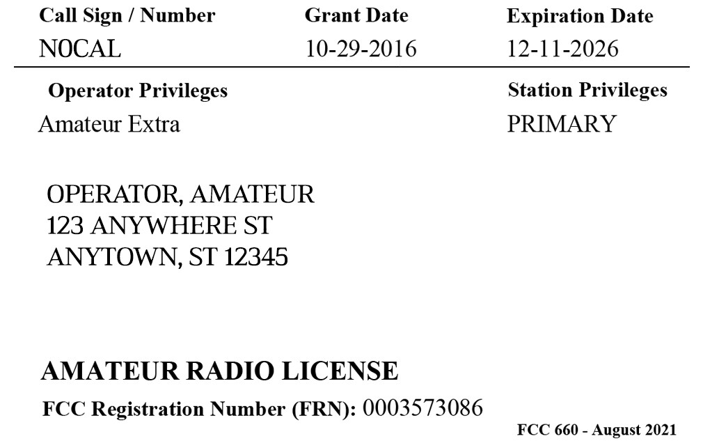 FCC Amateur Radio License Reprint Card