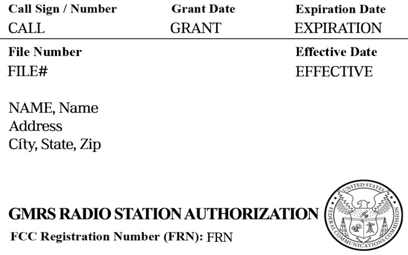 FCC GMRS Radio License Card