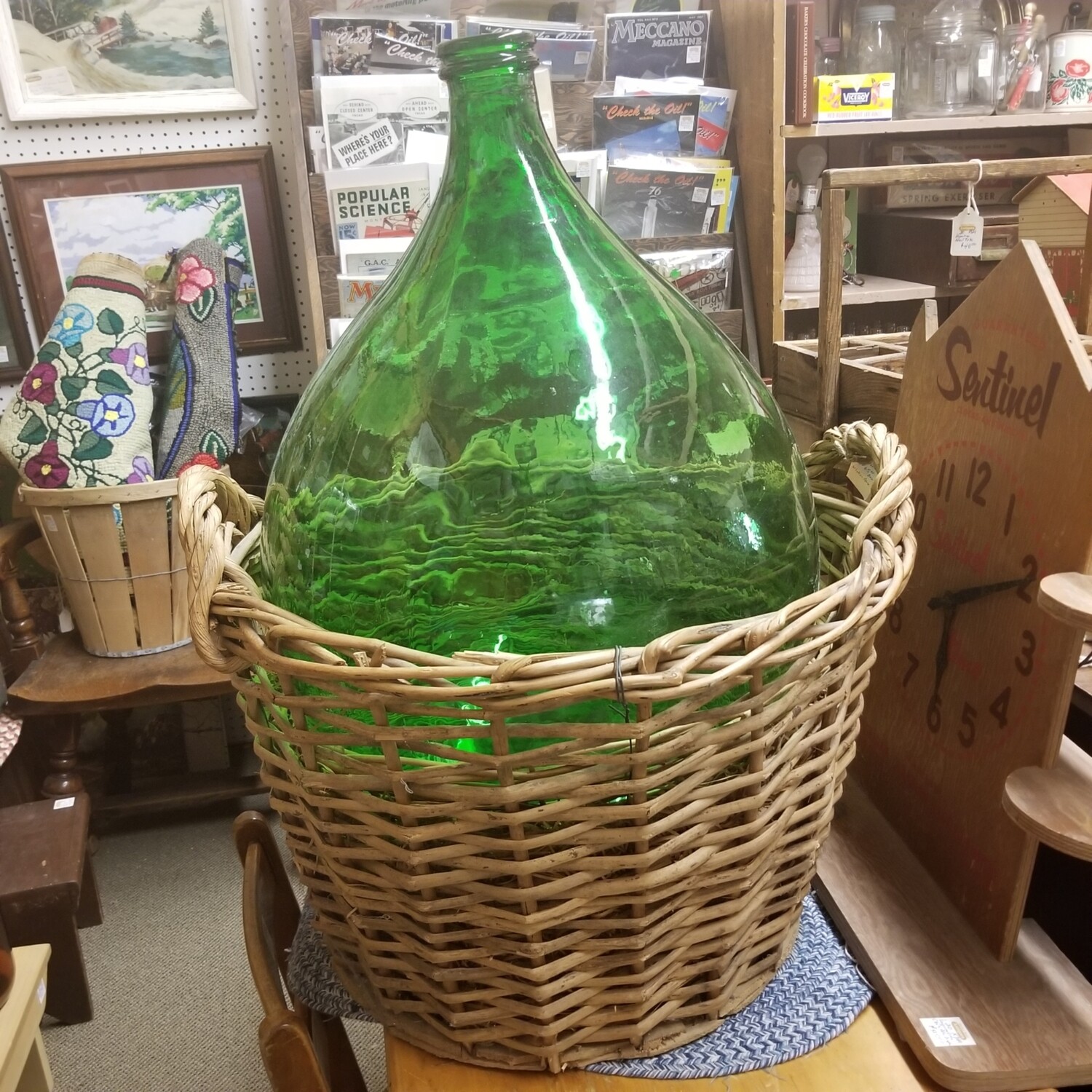 Green Glass Wine Bottle with Basket