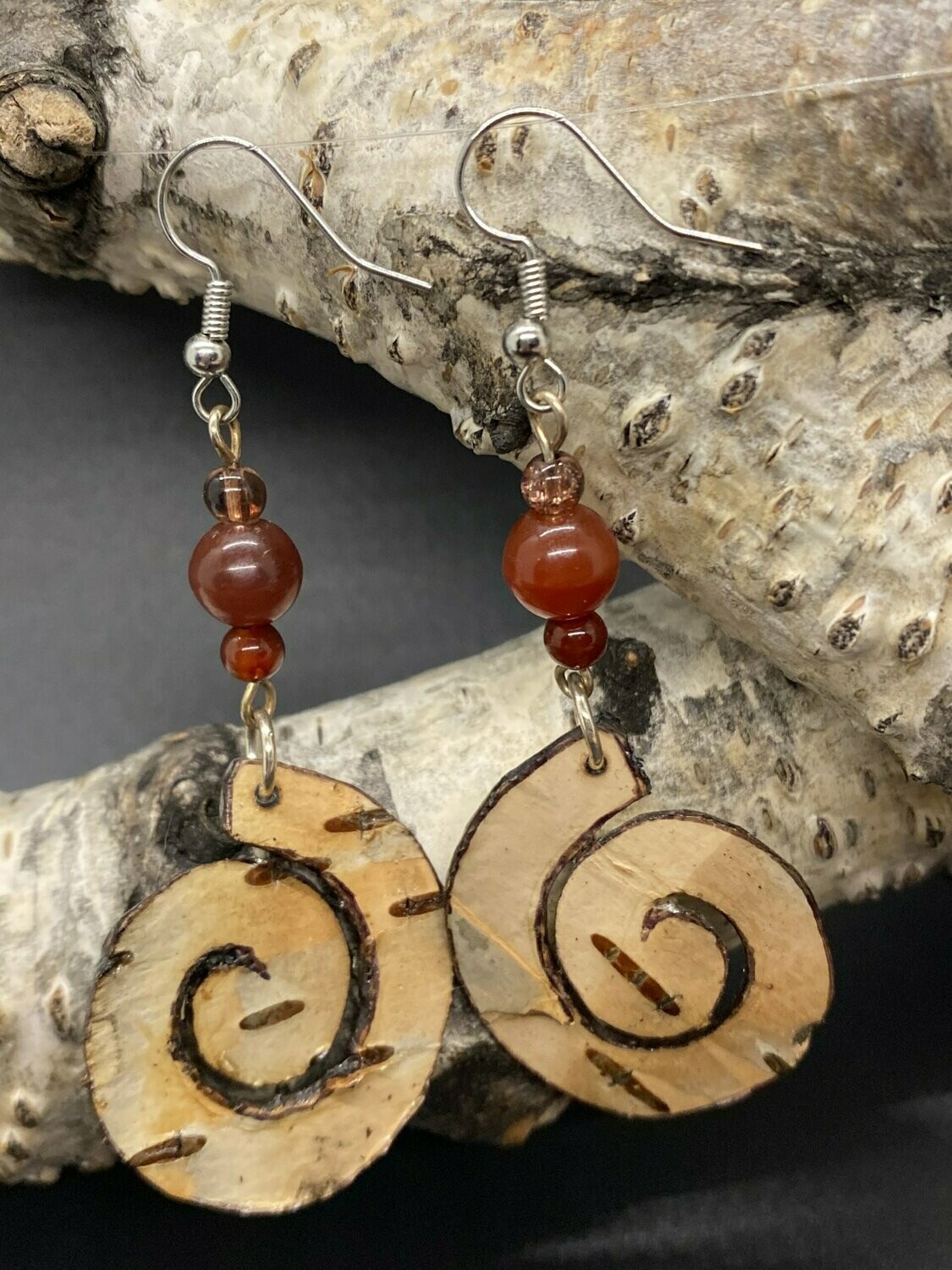 Carnelian & Spiral Birch Bark Earrings