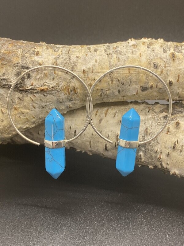 Turquoise Bullet Silver Hoop Earrings