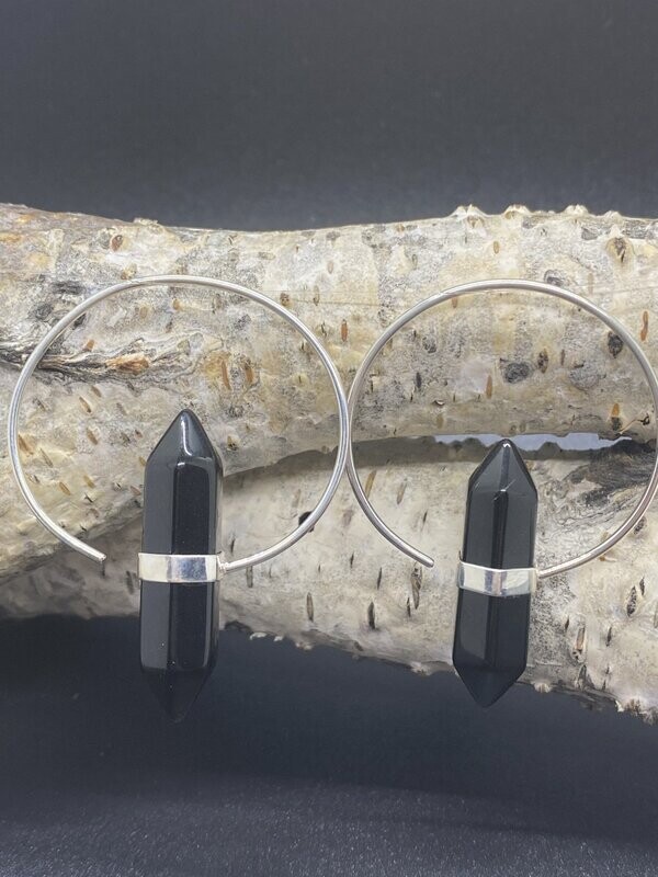 Onyx Silver Hoop Earrings