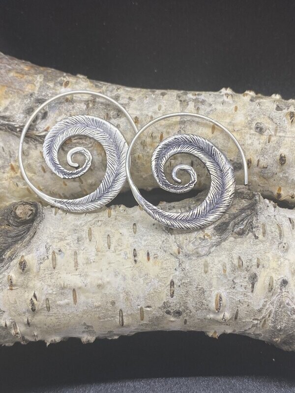White Brass Feather Spiral Ear Hangers