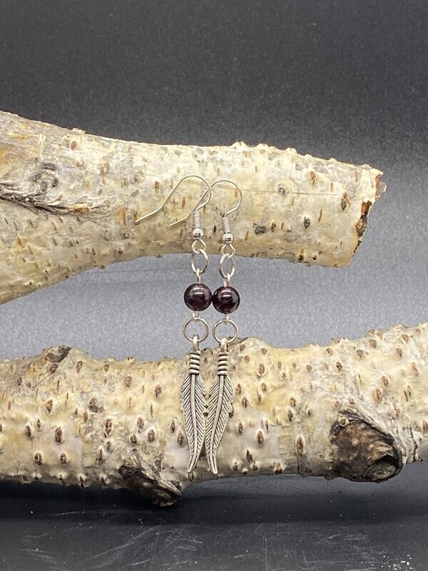 Garnet and Silver Feather Earrings