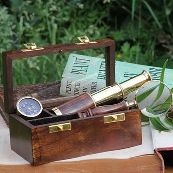 Fair Trade Nautical Box, Mini Telescope, Compass & Magnifying Glass Fair Trade Nautical Box, Mini Telescope, Compass & Magnifying Glass