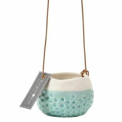Small Hanging pot in light blue and white finish with embossed polka dot design
