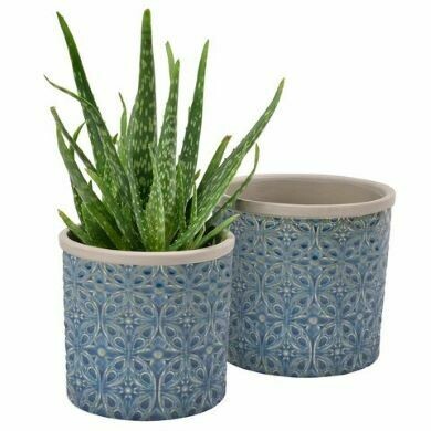 Beautiful rich blue, crackle glaze.
Set of two with one planted with plant