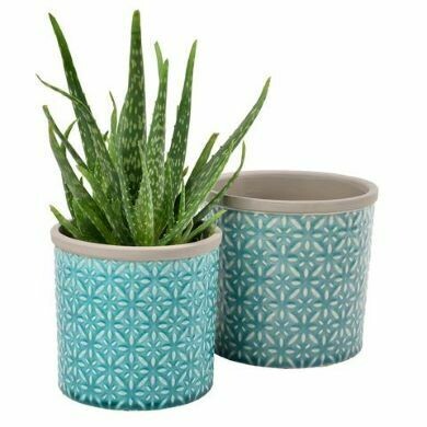 Finished with a beautiful turquoise blue, crackle glaze. Set of two - one planted up with plant.  Tuscany Blue finish.