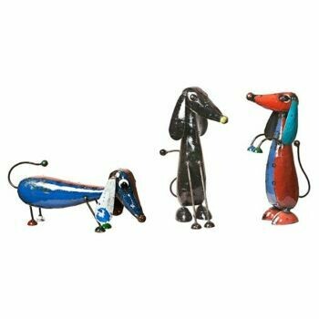 Beautiful art pieces made of 100% recycled metals. This trio is made up of three beautifully crafted doggies and they look good either together or around the home individually.
