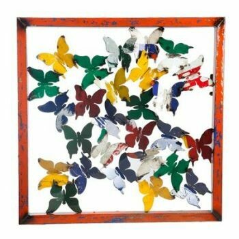 Recycled Butterfly Sculpture Panel - Large
Red Frame with Yellow, Blue Green, White Butterflies