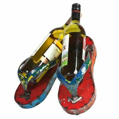 Somewhere to decoratively hang a couple of wine bottles. A pair of metal flip flops to hang on the wall of your bar or kitchen. 