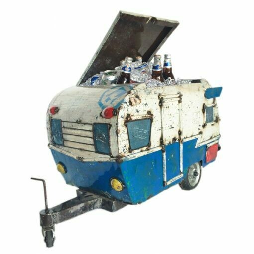 Fancy a holiday? Just look at this retro caravan, purposely all rusty finished and serves a dual purpose, either as a planter or, as shown here, a cooler for your booze! There's plenty of space, too as the caravan is a sizeable 97.5 cm and the roof flaps open to store those bottles (or plants!). 