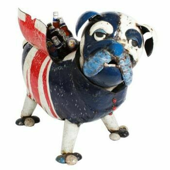 At a magnificent 74.6 cm in length, Winston will surely take pride of place wherever he chooses to go! Made of 100% recycled metal and decorated in fine fashion, complete with a partial Union Jack, what a find he is!! And he can be used as a planter or a bottle cooler, or both at different times!!