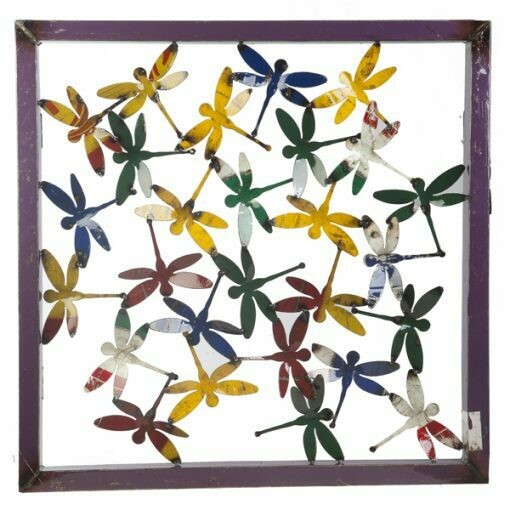 A large 80 cm square sculpture panel with a dragonfly montage, made from recycled and hand painted metal.
