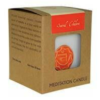 Fair Trade Chakra Candle. 
White with Orange image.
Packaged in brown presentation box