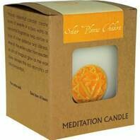 Fair Trade Chakra Candle. 
White with Yellow image.
Packaged in brown presentation box