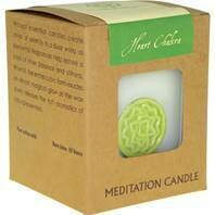 Fair Trade Chakra Candle. 
White with Lime Green image.
Packaged in brown presentation box