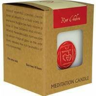 Fair Trade Chakra Candle. 
White with Red image.
Packaged in brown presentation box