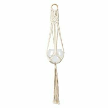 Macrame white finish  pot hanger - A sturdy metal ring keeps the hanger securely in place. The glass pot is not included; it’s for illustrative purposes only.
