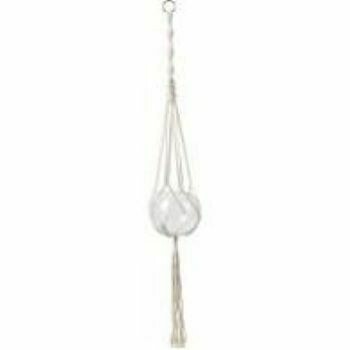 Macrame white finish  pot hanger - A sturdy metal ring keeps the hanger securely in place. The glass pot is not included; it’s for illustrative purposes only.