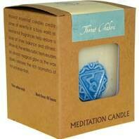 Fair Trade Chakra Candle. 
White with Light Blue image.
Packaged in brown presentation box