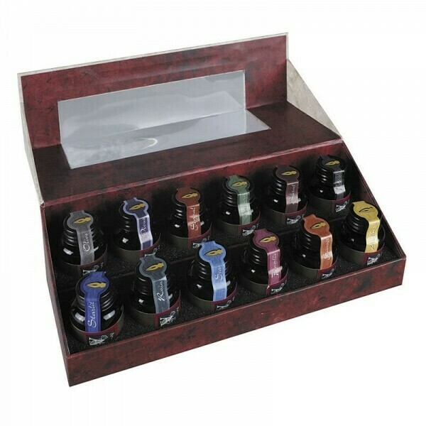 Display box with 12 colourful ink bottles