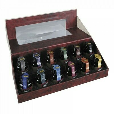 Display box with 12 colourful ink bottles