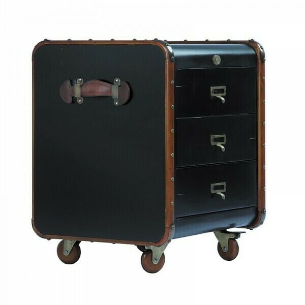 In the style of a first class trunk, this three drawer cabinet is made from the finest materials