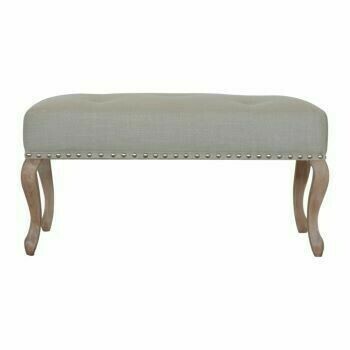 French Style Studded Linen Bench with Carved Legs