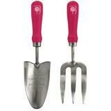 British Bloom Design - dark background with red, pink blooms.
Hand Trowel and Fork in deep pink handle design