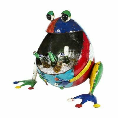 Freddy the Frog is a large colourful frog made entirely of recycled materials and is designed to be used as  either a bottle cooler or a planter. It is large, at a height of 53.5 cm and a width of 73 cm, so he will soon become an important part of your family!! 