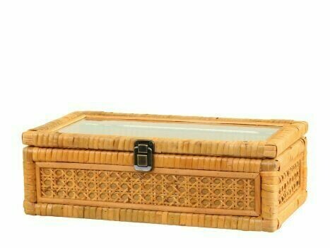 Beautifully made Firwood and Rattan box with a glass opening top. Attractive design on the sides.