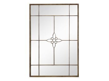 A gorgeous antique brass finished mirror with a pretty design.