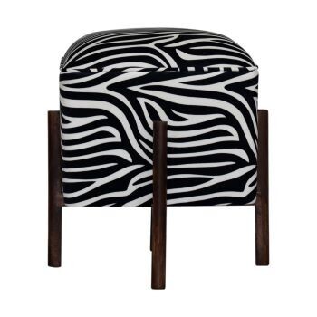 Zebra Velvet Print Footstool with Solid Wood Legs