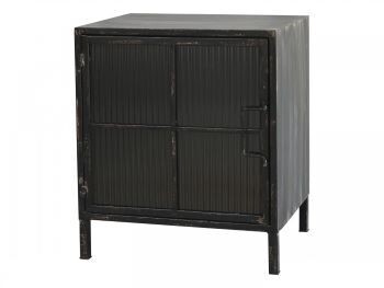 A black reeded cabinet with glass doors and with a black metal build.
