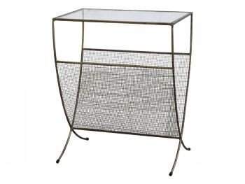 How chic!! A 1950's style magazine rack finished in Antique Brass and topped with a glass top which is very useful next to a sofa or chair. 
