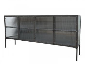 A stylish sideboard in black metal with reeded glass front display shelving.
Over six feet long.