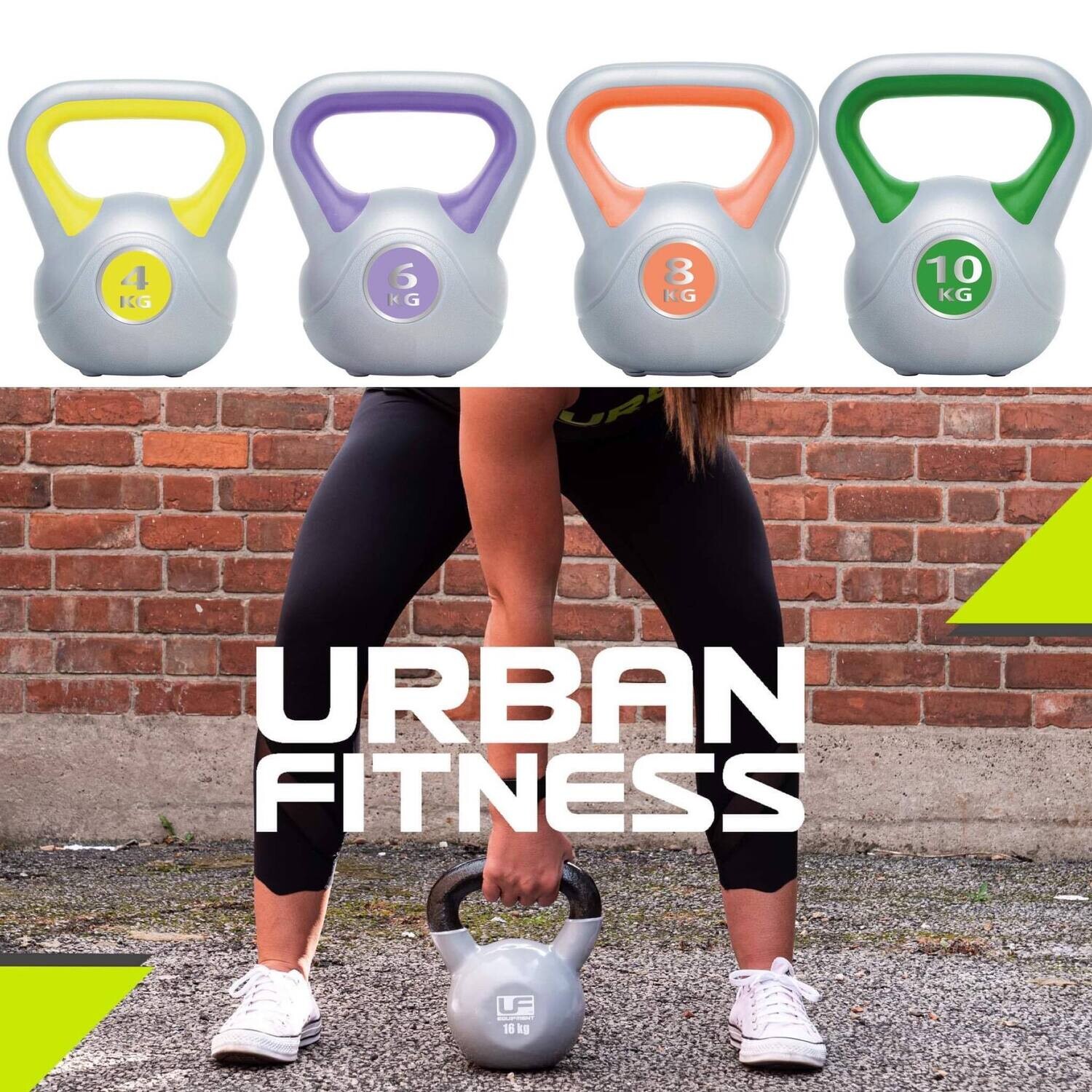 Urban Fitness Kettlebell Set
Grey Finish with yellow, purple, orange and green finish.
Person lifting a kettlebell