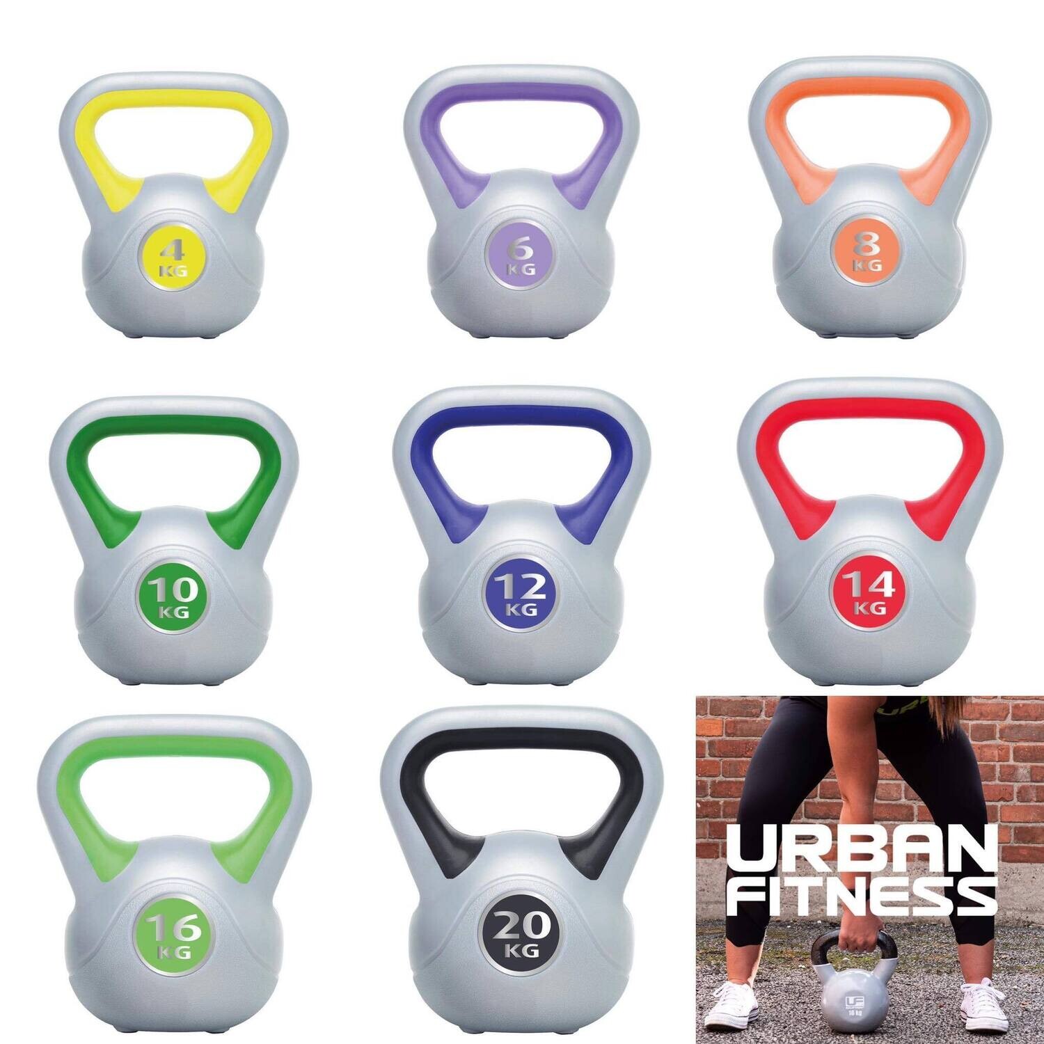 Urban Fitness Complete Kettlebell Set
Grey with yellow, mauve, orange, green, purple, red, green, black finish.
Person lifting a kettlebell