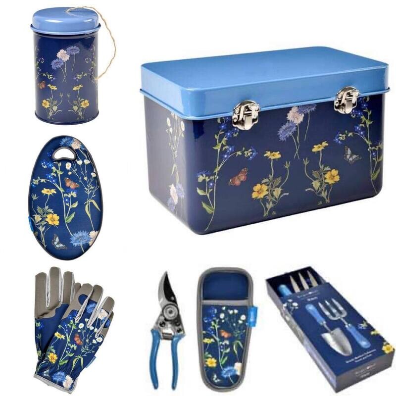 RHS British Meadow Bundle Collection Offer Burgon & Ball RHS Meadow Seed Storage Tin, Kneeler, Twine in a Tin, Gardening Gloves, Gardening Hand Trowel and Fork Set and Pruner and Holster Set.
Blue colourway with meadow flowers and butterflies design.