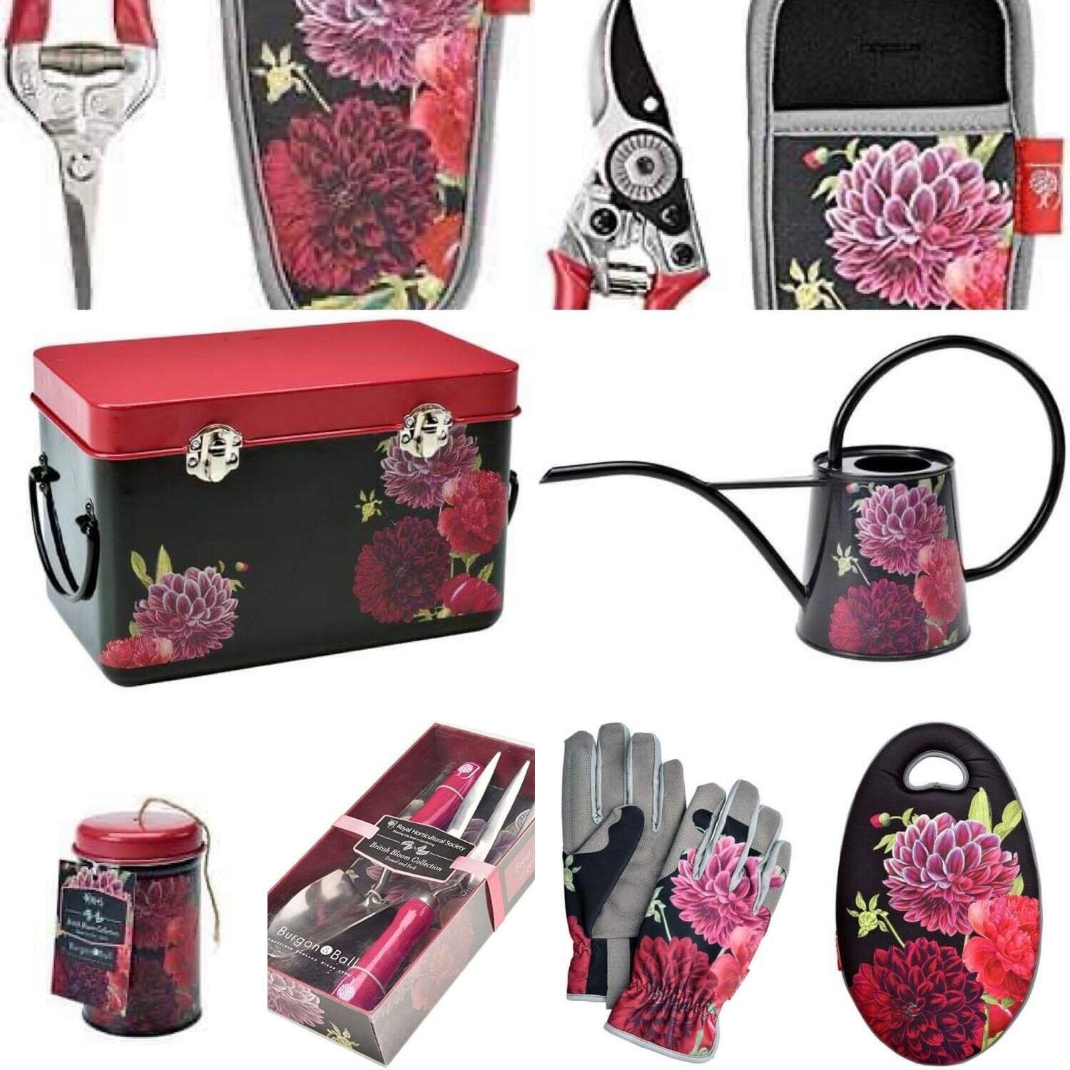 British Bloom Design - dark background with red, pink blooms.
Snips with holster, secateurs with holster, seed storage tin, indoor watering can, twine tin, hand trowel and fork, garden gloves and garden kneeler