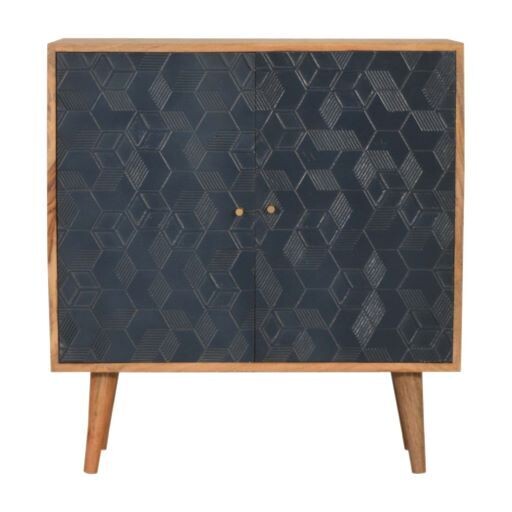Very popular with our customers is this Acadia Navy Cabinet. It has twin navy blue doors and the solid Mango wood is finished in an oak effect.