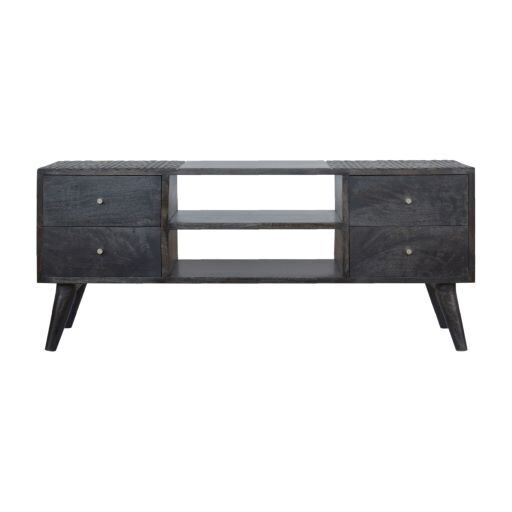 A beautiful Media Unit in Ash Black finish, just right with four drawers and two open compartments for media equipment.  