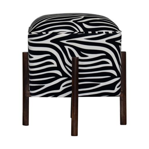 Zebra Velvet Print Footstool with Solid Wood Legs