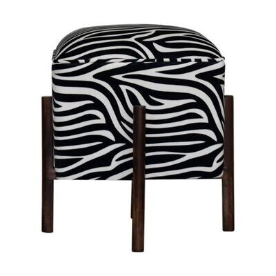 Zebra Velvet Print Footstool with Solid Wood Legs