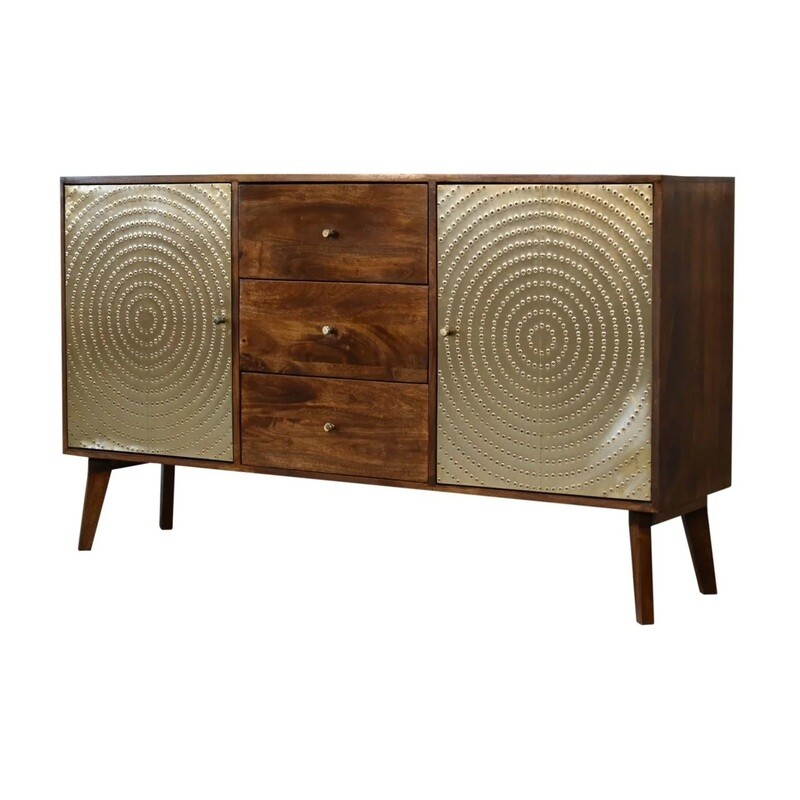 The Aconite Sideboard is built with solid Mango wood and has a lovely warm chestnut finish. To contrast this, there are two distinctive metallic doors with an interesting circle pattern.