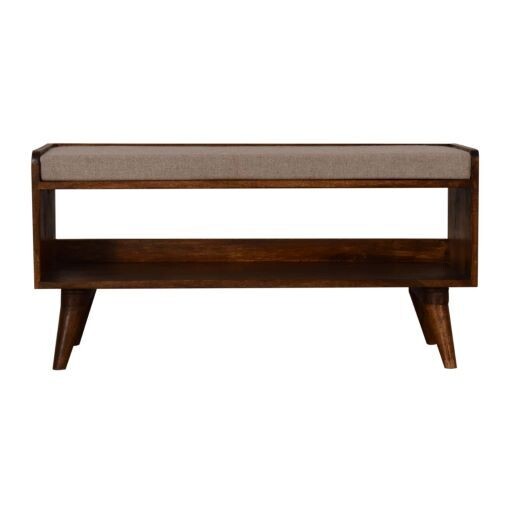 A chestnut finished bench with a comfy padded linen seat, and a storage shelf underneath.