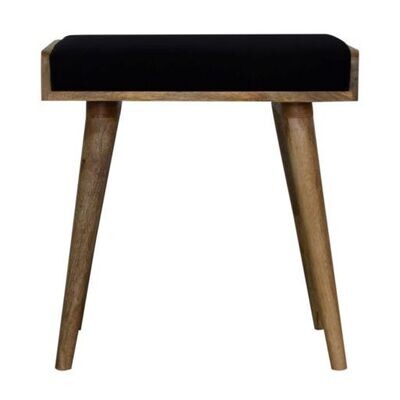 A stylish footstool, with a black velvet seat pad, and made of solid Mango wood. The wood has been given an Oak effect finish which contrasts so well with the fabric. 