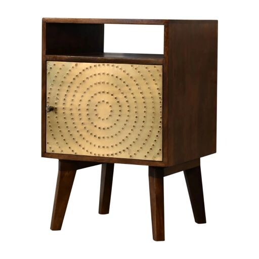 Aconite Bedside Cabinet
Brass Finish Cupboard with circular spiral open cut dots
Chestnut Wood Finish. Top Open Slot