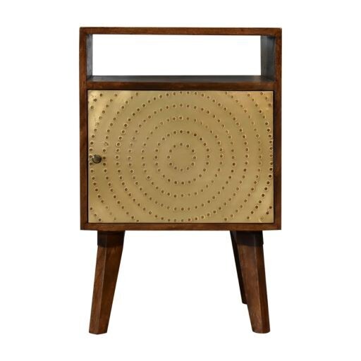 Aconite Bedside Cabinet
Brass Finish Cupboard with circular spiral open cut dots
Chestnut Wood Finish.  Top Open Slot
